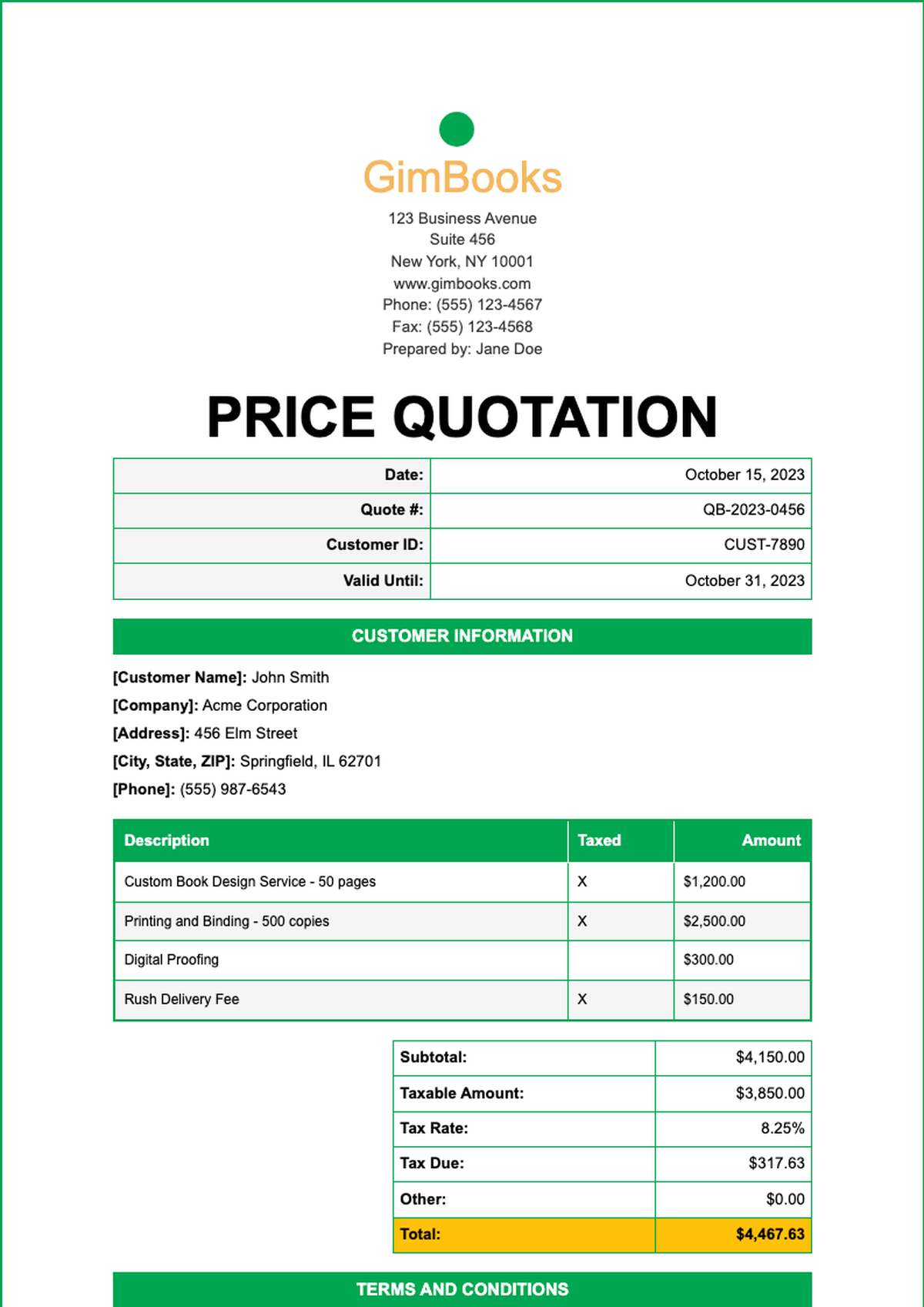 Professional business quote template with green header and tax breakdown_variant_1